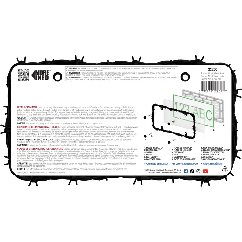 Cruiser Accessories Barbed Wire License Plate Frame, Matte Black