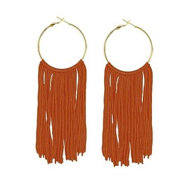 Boho Long Tassel Dangle Earrings for Women Lightweight Circle Hoop Silky Thread Fringe Drop Statemen Earrings-orange brown