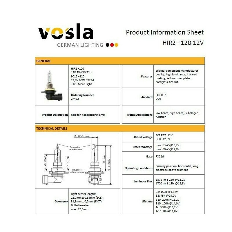 Vosla 2x- Vosla 9012+120 (HIR2) Lamps 12V 55W PX22D Made