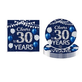 Blue and Silver 30th Birthday Party Decoration Supplies Napkins and Plates,Men Women 30th Birthday Dessert Plates and Napkins Dinnerware for Party Favors Serves 16