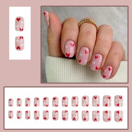 24 Pcs Valentines Press on Nails Short Square - GRITOSE Heart Fake Nails with Glue Pink Nails Press ons Valentine’s Day Nail Art Full Cover False Nails Glossy Glue on Nails Kit Acrylic Set for Women
