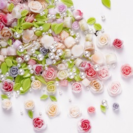 100pcs 3D Camellias Rose Flower Nail Art Charms with Nail Pearls Cute Leaves Flower Colorful Floral Gems and Jewelry Resin Charms for Nails Design