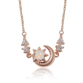 Meissa Rose Gold Necklace for Women, October Birthstone 925 Sterling Silver Moon and Star Necklace with Opal, Cubic Zirconia Accents, Minimalist Celestial Jewelry for Women Girls, Gifts for Her