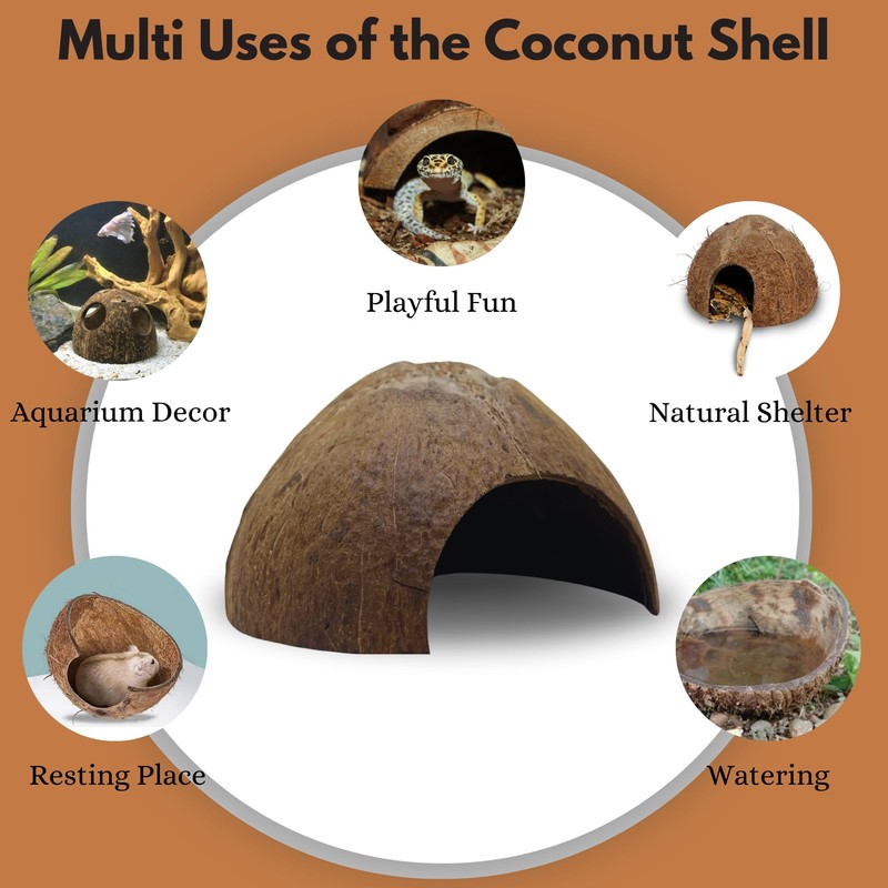 Favozio Natural Coconut Shell Hideout Cave, 5" Aquarium Fish &
