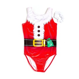 Destira Christmas Gymnastics Leotards for Girls, Ms. Claus, Super Soft Leotards with Matching Scrunchie - Dance, Cheer, Yoga, & More, Child X-Large (12)