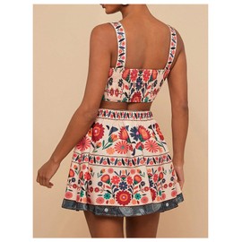 MakeMeChic Women's 2 Piece Vacation Outfits Floral Shirred Tank Top and A Line Mini Skirt Sets Multicolor X-Small