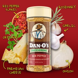 Dan-O's Red Pepper Cheesoning Seasoning, 2.6 oz Bottle, Cheesy Seasoning for Pizza, Popcorn, Chicken, Pasta and More, Sugar Free, Zero Calorie, Bold Parmesan Cheese Replacement for your Favorite Food