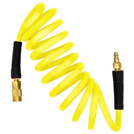 YOTOO Polyurethane Recoil Air Hose 3/8" Inner Diameter by 10' Long with Bend Restrictor, Repairable 1/4" Industrial Quick Coupler and Plug, Yellow