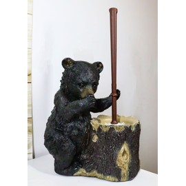Rustic Whimsical Black Bear Stinky Potion Toilet Brush And Holder Set Figurine