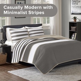 Comfort Spaces Twin Quilt Set Trendy Casual Fun, Vibrant Color Stripes Design, All Season Lightweight Coverlet Bedspread Twin Size Kids Bedding & Sham, Verone, Twin/Twin XL, Grey, 2 Piece