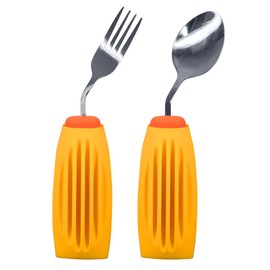 Thick Solid Weighted and Adaptive Cutlery Set, Non-Slip Dinner Spoon and Fork for Hand Tremors, Arthritis, Parkinson's, Seniors and Adults (Orange and Yellow, Left Hand Spoon and Fork)