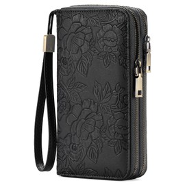 Sunpour Women's Leather RFID Blocking Wallet with Phone Pocket, Double Zip Large Capacity Wristlet Clutch - Credit Card Holder & Adjustable Hand Strap