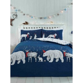 Rapport Home Polar Bear and Friends Double Duvet Cover Christmas Reversible Bedding Set, Cotton, Navy
