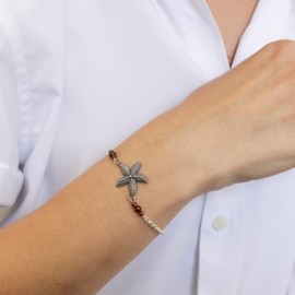 925 Sterling Silver Garnet Bracelet - Adjustable 16-18cm Chain - 3mm Round Beads with Silver Starfish Charm - Garnet Womens Bracelets - January Birthstone - Perfect Anniversary and Valentines Day Gift