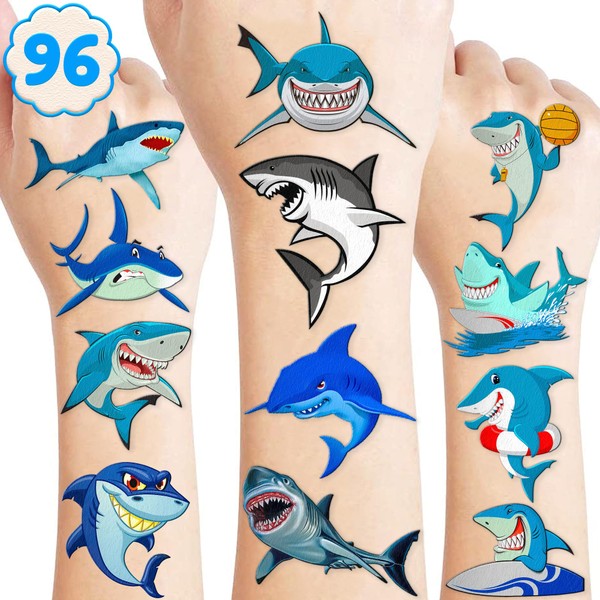 96PCS Cute Shark Temporary Tattoos Stickers Theme Blue Ocean Birthday Party Decorations Favors Supplies Decor Cool Funny Under Sea Fish Animals Tattoo Gifts For Kids Boys Girls School Prizes Carnival