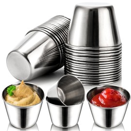 Pumtus 30 Pack Small Sauce Cups, Stainless Steel Ramekin Condiment Sauce Dishes, Mini Individual Saucers, Commercial Grade Dipping Cups, Sushi Dipping Bowl Appetizer Plates, 2.5 oz, 1.5 oz