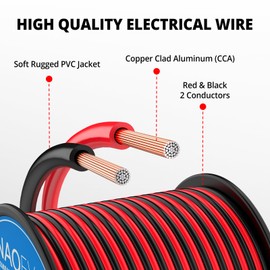NAOEVO 10 Gauge Wire 50FT, 2 Conductors Electrical Wire Red Black Cable, Flexible/Low Voltage/PVC 10 AWG Copper Clad Aluminum Extension Cord for Speaker, LED Strips, Automotive 12V/24V DC