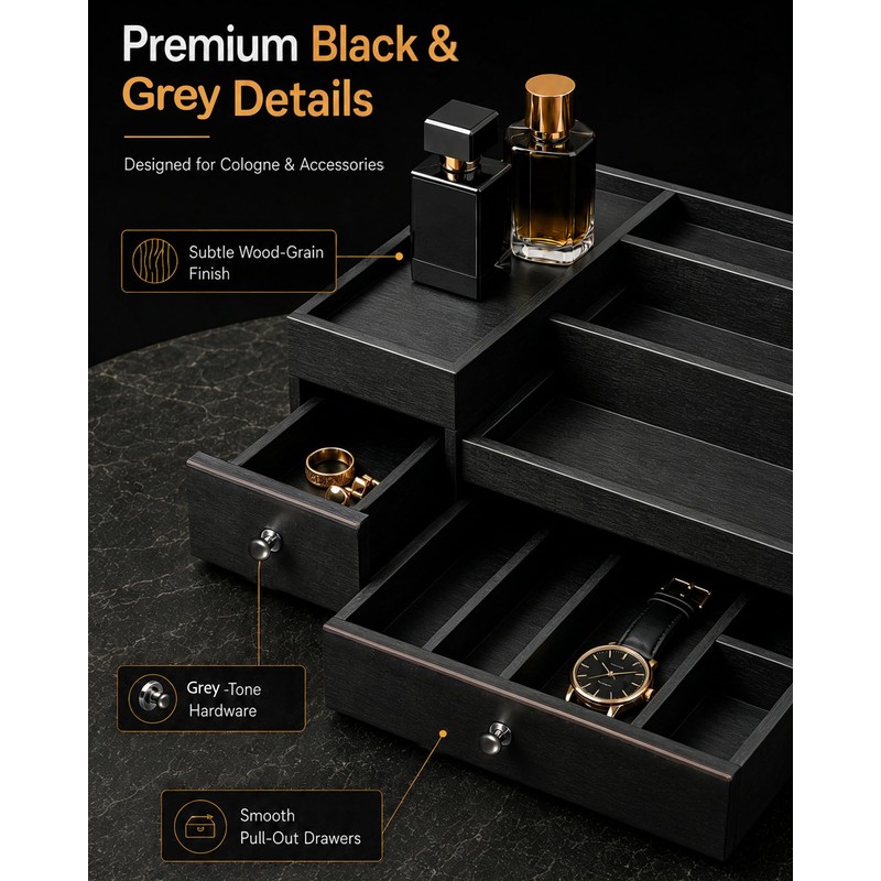 2-Drawer Cologne Organizer for Men, Fully Assembled, Solid Pine, Black/Gray