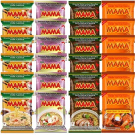 Mama Ramen Thai Noodle, 4 flavor (Shrimp Tom Yum, Pa Lo Duck, Shrimp Creamy Tom Yum, Pork), each flavor 6 bags Total 24 small bags noodle plus Coffee Spoon