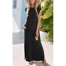 Zeagoo Black Maxi Dress Sleeveless Sun Dresses Beach Crew Neck Long Split Dresses with Pockets Summer Dress for Women 2025 Vacation Black L