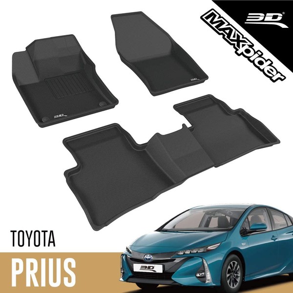 3D MAXpider Complete Set Custom Fit All-Weather Floor Mat for Select Toyota Prius/ Prius Prime Models - Kagu Rubber (Black)