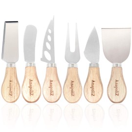 Cheese Knife Set 6 Piece | Stainless Steel, Wooden Handles Knives | Narrow Plane Knife, Cheese Fork, Small Spade, Spreader, Shaver, Open Work Blade | Gourmet Cheese 6 pcs Knife Set | By Anapoliz