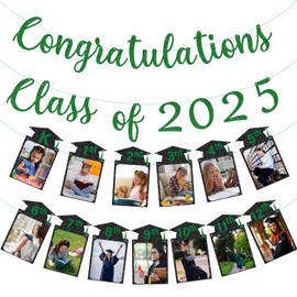 2025 Graduation Photo Banner Decorations, Green Congrats Grad Banner, Kindergarten to 12th Grade Graduation Party Decorations for Class of 2025 Middle High School College Party Supplies