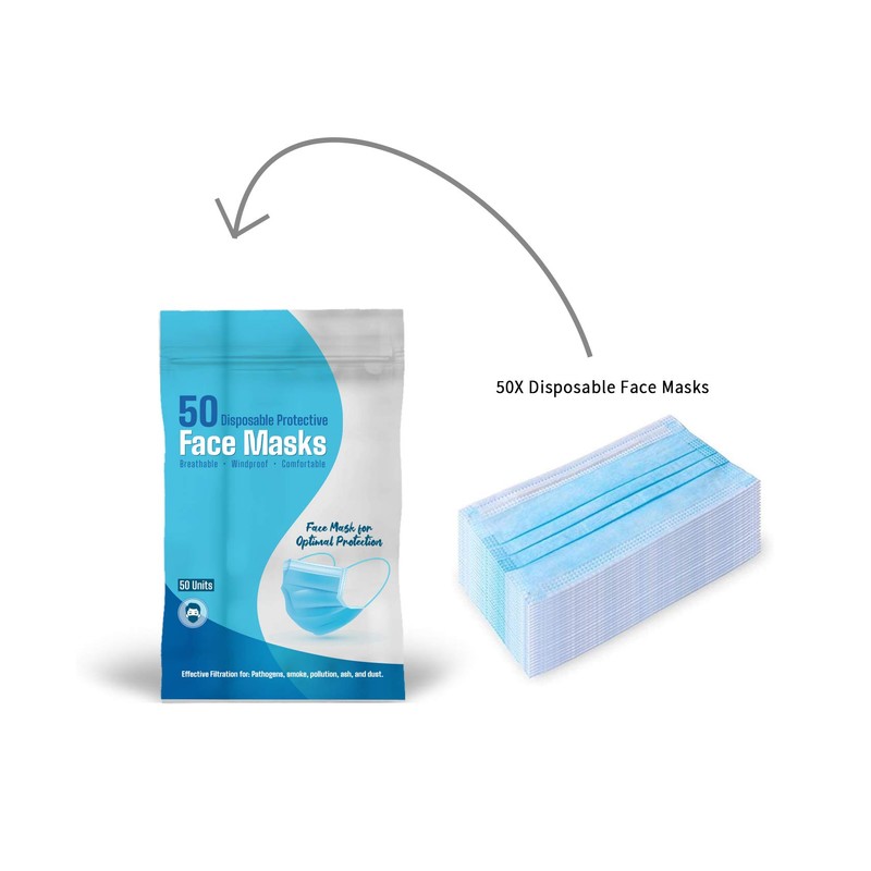 50 Pack of Disposable Protective Face Masks