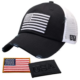 Antourage American Flag Unconstructed Unisex Mesh Snapback Baseball Hat Cap for Men and Women +2 Patriotic Patches Included (11. Black/White Distressed Mesh Snapback)