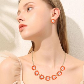 Ever Faith Rhinestone Crystal Orange Flower Collar Necklace, Summer Beach Choker Necklaces Stud Earrings for Women Fashion Boho Party Prom Jewelry Accessories