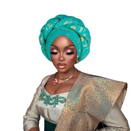 Nigerian headwear for Women African headscar,Auto Gele headband,hand wrap beaded - made for weddings parties events (Green, One size)
