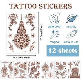 Syloripha 12 Sheets Temporary Tattoo Sticker Set,Waterproof Indian Lace Mandala Flower Pattern,Body Art Fashion Decoration Suitable for Women Girls Diy Body Neck Chest Arms Legs (Brown)