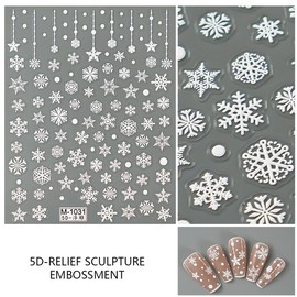 SUNCOL Christmas Nail Art Stickers 5D Embossed White Nail Stickers Self-Adhesive Snowflake Star Nail Decals for Women Girls Winter Holiday Manicure DIY Nail Supplies