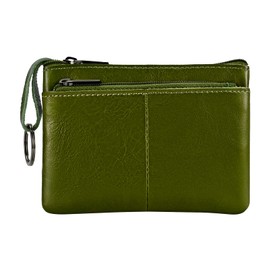 Lidwot Genuine Leather Coin Purse Wallet Mini Zip Change Purse Wallet Coin Pouch with Key Chain 3 Zippers, Green (Army Green), Purse coin bag with key ring, 3 zips