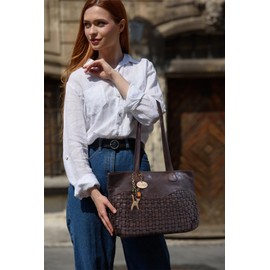 Catwalk Collection Handbags - Woven Leather Shoulder Bag For Women - Medium Tote Bag - Handbag With Multiple Pockets - MATILDA - Brown