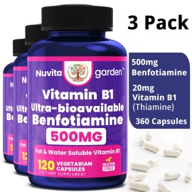 NuvitaGarden Vitamin B1 Benfotiamine , 500 mg,360 Vegetarian Capsules, Ultra-bioavail