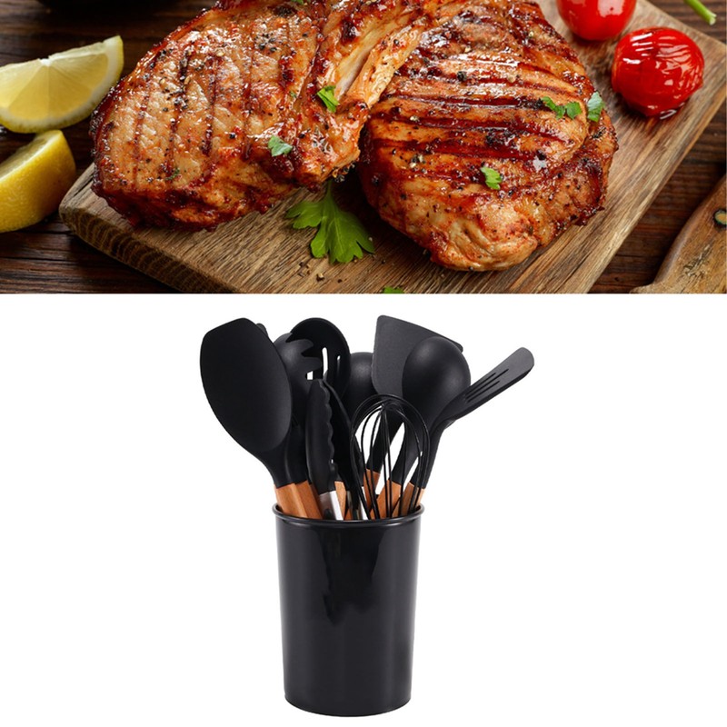 11 Pcs Silicone Kitchenware Set Heat Resistance Wooden Handle Kitchen