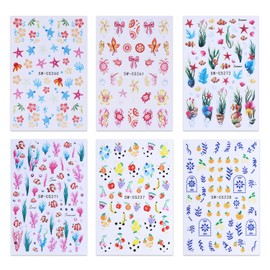 6 Sheets Cute Fruits Ocean Animal Nails Art Stickers 3D Self-Adhesive Nails Stickers Starfish Sea Turtle Octopus Coral Seahorse Apple Orange Nail Decal Supplies Women's DIY Summer Nail Art Decoration
