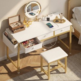 KAI-ROAD White and Gold Makeup Vanity Desk with Mirror and Lights Big Vanitys Set with Chair, Drawers and Power Outlet, Dressing Table Vanities for Girls Bedroom 47“