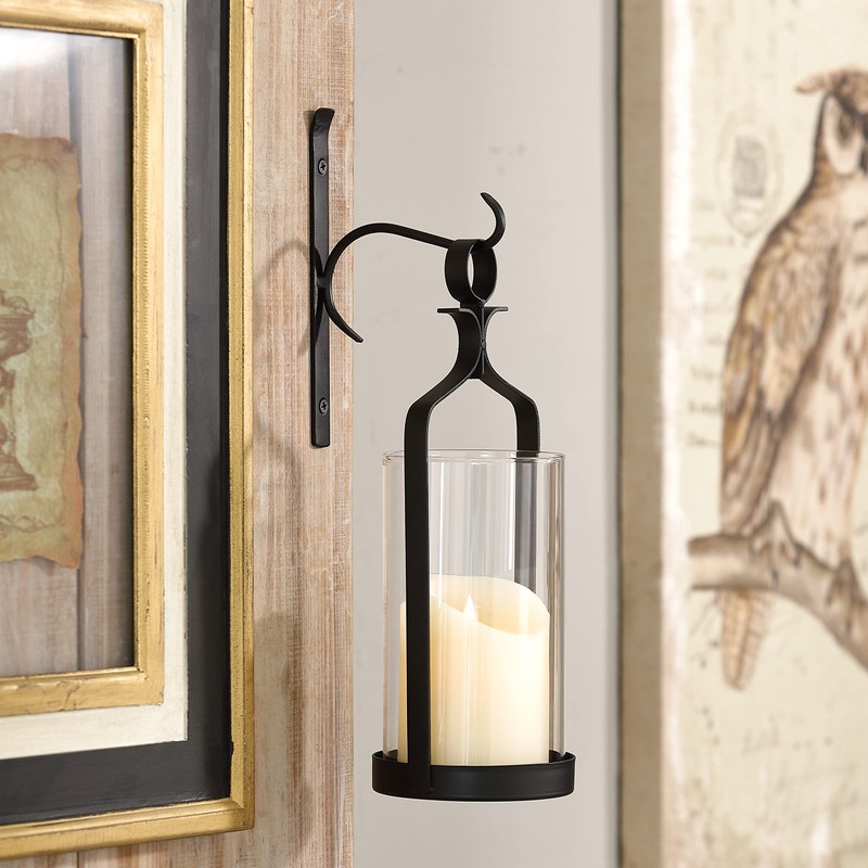 Souliron Hanging Hurricane Glass Wall Sconce Candle Holder Black Metal