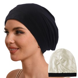 Hat Hut 100% Mulberry Silk Lined Sleep Cap Pure Silk Bonnet for Curly Hair Wrap Bonnet for Sleeping Slouchy Beanie for Men Women (AU, Alpha, One Size, Black)
