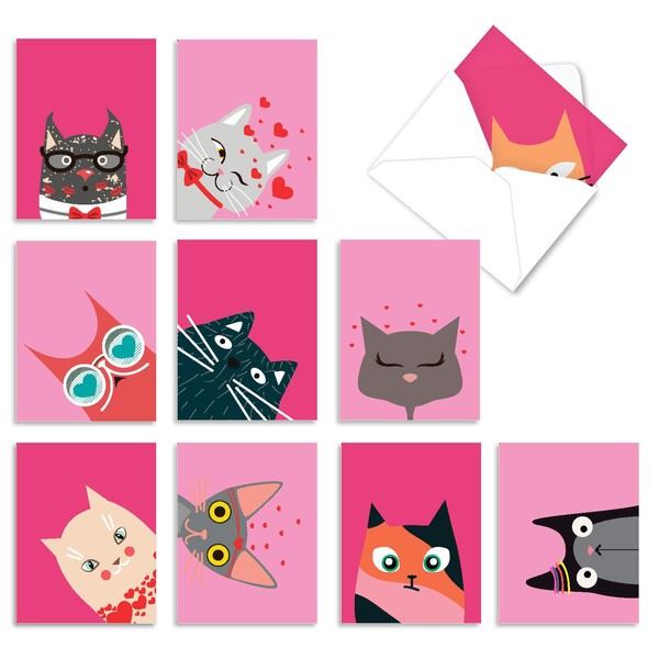 The Best Card Company - 10 Assorted Valentine's Day Note Cards (4 x 5.12 Inch) - Boxed Valentine Cards, Bulk Set with Envelopes - Kitties and Kisses M5657VDG-B1x10