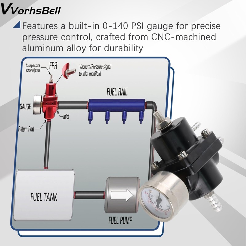 VVORHSBELL Fuel Pressure Regulator, Adjustable 0-140 PSI Aluminum Universal Fuel