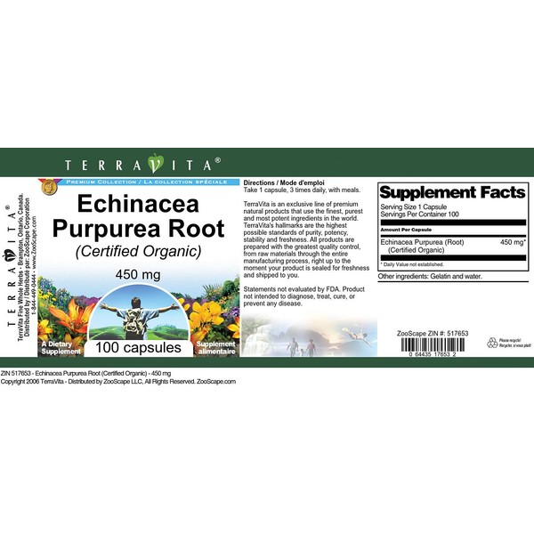 Echinacea Purpurea Root (Certified Organic) - 450 mg (100 Capsules, ZIN: 517653) - 2 Pack