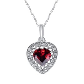 Takar Fine Sterling Silver Heart-Shaped Garnet and CZ Filigree Charm Pendant Necklace, 18"