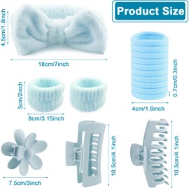 WORFACE 16 Pcs Face Wash Headband Wristband Hair Clips Ponytail Holders Set for Women, Soft Spa Bowknot Headband, Plastic Hair Claw Clips, Elastics Hair Tie for Facial Skincare Makeup (Blue, M)