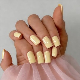 SXVME Uñas postizas acrílicas naturales, semitransparentes, cuadradas, cortas y medianas, color amarillo pastel, con pegamento para mujer, uñas postiz