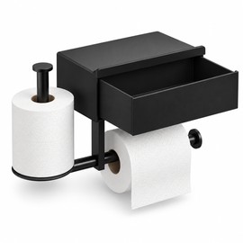 Wall-Mounted Toilet Paper Holder with Drawer – No-Drill Bathroom Tissue Holder with Shelf & Hidden Storage, Black