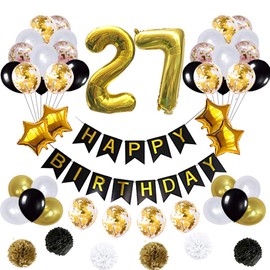 27 Birthday Decorations Ballons, Happy Birthday Banner/pom pom Flowers/Gold Mylar Balloons/Latex Balloons/Number 27 Foil Ballons Gold
