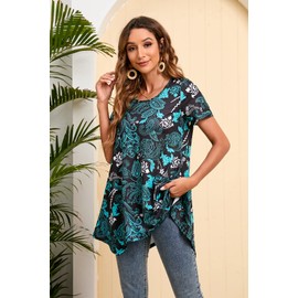 Enmain Tunic Tops for Women UK Short Sleveve Ladies Tunic Dress Casual Plus Size Long Tunics Shirts for Leggings Longline Loose Blouse T Shirt,Turquoise,XXL